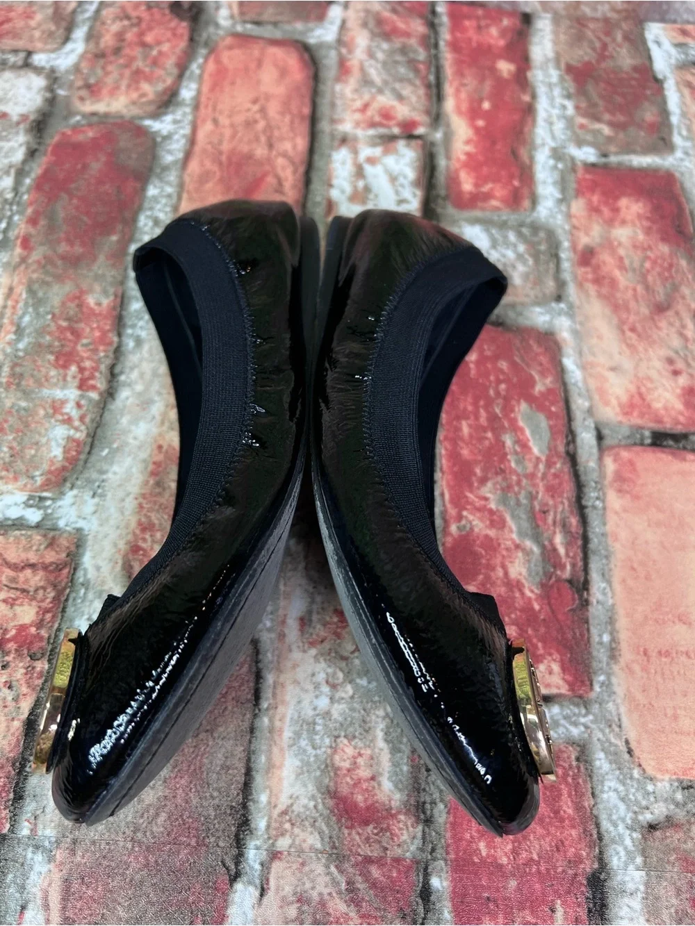 TORY BURCH Caroline Black Patent Leather Slip On Balletcore Logo Flats, 6.5M